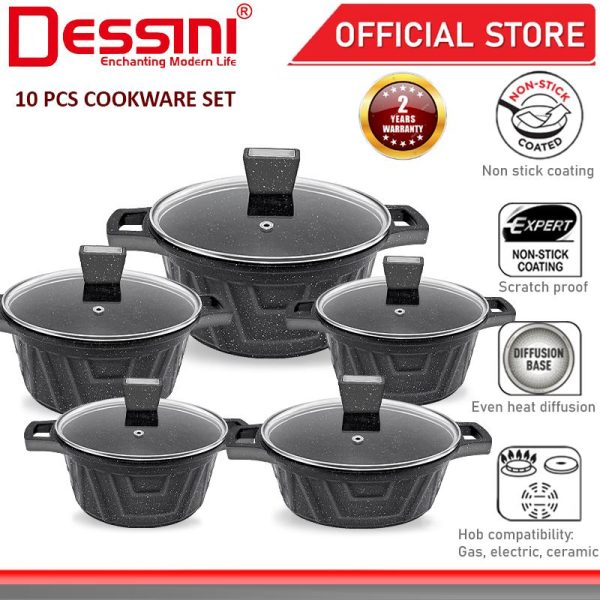 DESSINI ITALY 10 Pcs Casserole Die Cast Aluminium Non Stick Shallow Pot Bowl Fry Pan Cookware with Cover PERIUK