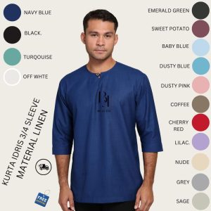 Kurta Idris Kain Linen Wooden Button (REGULAR FIT) BY BEAUFIT Dewasa men size.l steel grey trendy yellow olive tiktok shop
