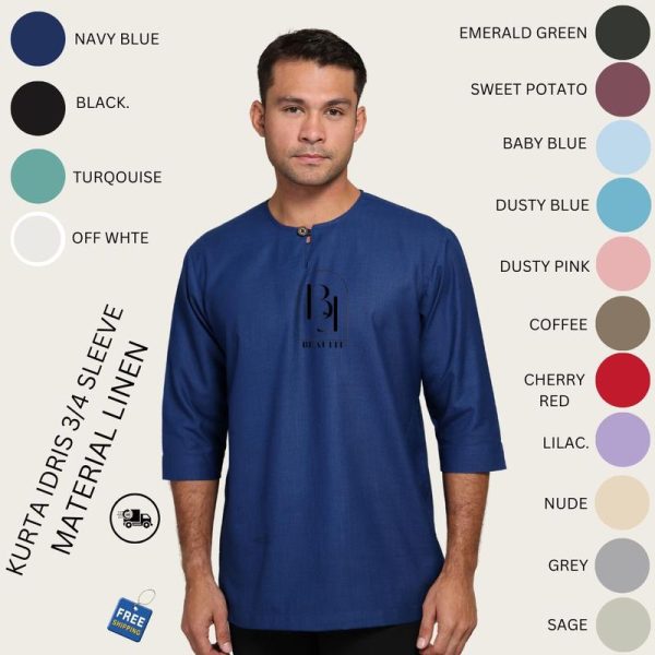 Kurta Idris Kain Linen Wooden Button (REGULAR FIT) BY BEAUFIT Dewasa men size.l steel grey trendy yellow olive tiktok shop