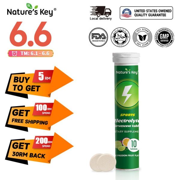 Nature's Key Tablet Efervesen Elektrolit, membantu menambah hidrasi dan tenaga, rasa limau nipis dan buah markisa, 10 tablet per botol Health Supplements