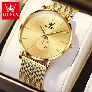 OLEVS Jam Tangan Lelaki Waterproof Original Viral 2024 Kalis Air Keluli Tahan Karat Tulen Pergerakan Kuarza Emas Watch for Men with Luxury Box 9954 Rotundity Bahan logam dalam stok Banyak warna Pejabat parti pemberian hadiah Garanti 1 tahun
