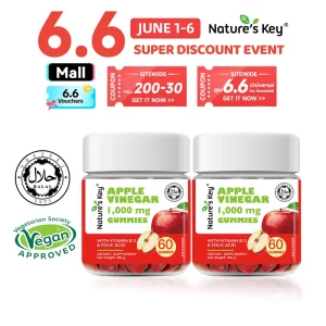 Nature's Key Set Kombo 2 Botol Apple Cider Vinegar Gummy Diperkaya dengan Pelbagai Vitamin & Ekstrak Herba, Khas Diformulasi untuk Individu yang Stres, Sesuai untuk Dewasa