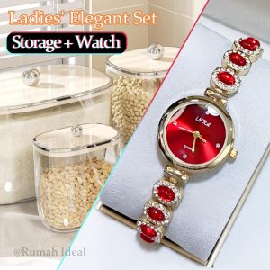 [Ladies‘ Set] Storage jar, Luxury Women's Watch, Storage Box, Toy Storage Canister, Crystal Strap, Quartz Movement, Small Dial, Free Link Removal Tools