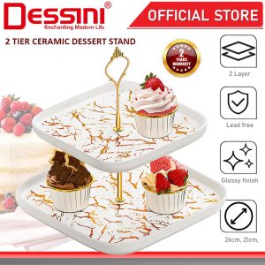 DESSINI ITALY 2 Tier Ceramic Dessert Stand Tower Cake Display Rack Snack Platter Fruit Bowl Party Serving Tray Plate