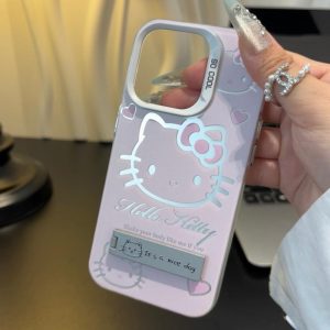 Sarung Telefon Kitty, Sarung Pemegang Pendirian, Serasi dengan iPhone 11, 16, 15, 14, 13, 12, Pro, Xs Max, XR, X, 7, 8 Plus, Sarung Telefon Bimbit Bercahaya, Penutup Belakang Pelindung Kalis Kejutan, Sarung Telefon Bimbit