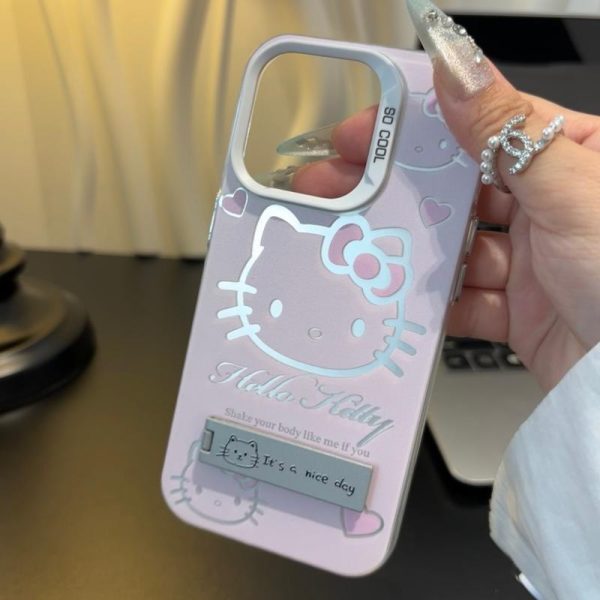 Sarung Telefon Kitty, Sarung Pemegang Pendirian, Serasi dengan iPhone 11, 16, 15, 14, 13, 12, Pro, Xs Max, XR, X, 7, 8 Plus, Sarung Telefon Bimbit Bercahaya, Penutup Belakang Pelindung Kalis Kejutan, Sarung Telefon Bimbit