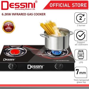 DESSINI ITALY Auto Ignition Infrared Gas Cooker Propane LPG Hob 2 Burner Cooktop Tabletop Tempered Glass Stove Dapur Gas