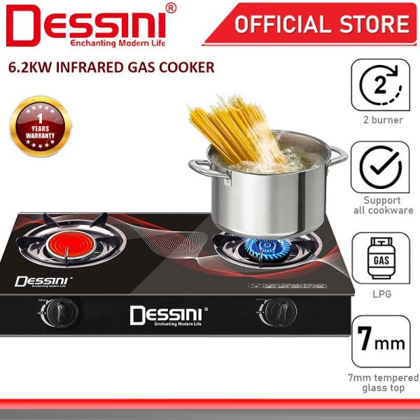 DESSINI ITALY Auto Ignition Infrared Gas Cooker Propane LPG Hob 2 Burner Cooktop Tabletop Tempered Glass Stove Dapur Gas