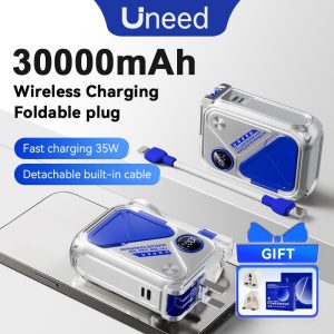【Gift Box】UNEED Powerbank 20000mAh 30000mAh | Wireless Magnetic Fast Charging Original PD35W+ Self-Plug , Detachable Charging Cable & LED Display , 2-Year Warranty , Large capacity biru Power Bank