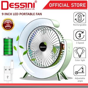 DESSINI ITALY 3 Speed USB Rechargeable Stand Table Desk Fan Color Light LED Lamp Air Ventilator Conditioner Cooler Kipas