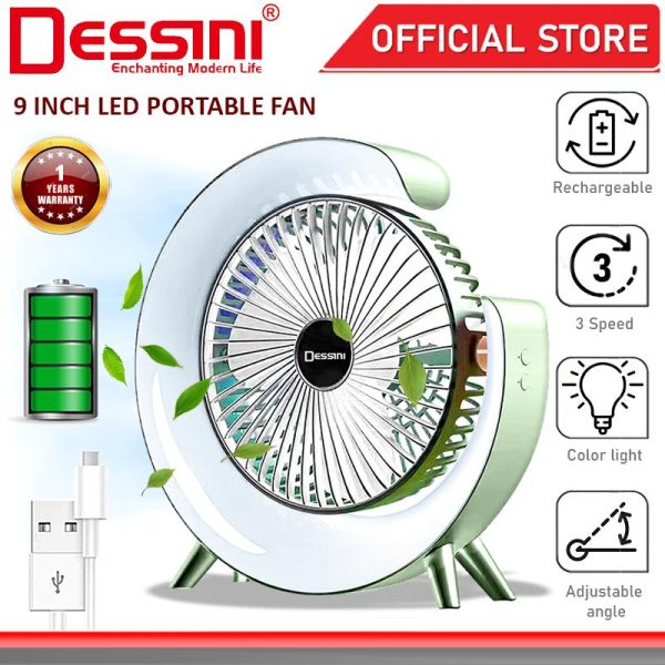 DESSINI ITALY 3 Speed USB Rechargeable Stand Table Desk Fan Color Light LED Lamp Air Ventilator Conditioner Cooler Kipas