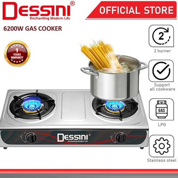 DESSINI ITALY Auto Ignition Gas Cooker Propane LPG Hob 2 Burner Cooktop Tabletop Stainless Steel Stove Dapur Gas