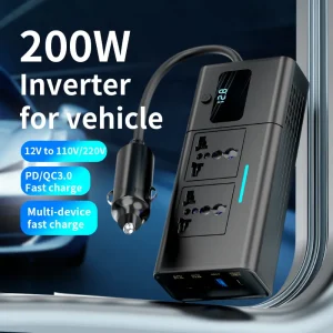GOOJODOQ 200w Power Adapter Car Charger Inverter Plug for Vehicle | 50cm USB Type C UK Plug | Digital Display Battery Multi Extension Cord Socket Kereta Elektrik Soket