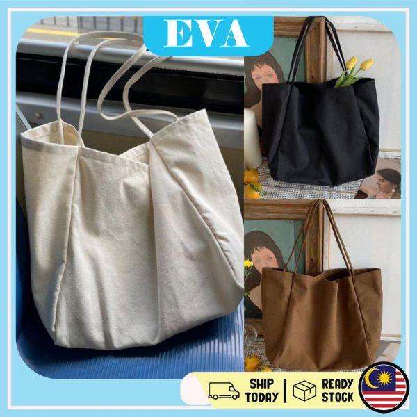 READY STOCK EVA Totebag Canvas Bag Shoulder Cotton Fabric Bag Korean Style Solid Color Large Capacity Bag Bags Brown Wanita
