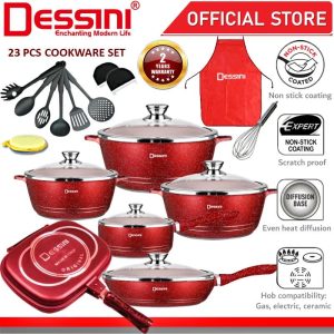 DESSINI ITALY Granite Aluminium Non Stick Casserole Pot Bowl Double Sided Grill Fry Pan Cookware Tool (23 Pcs)