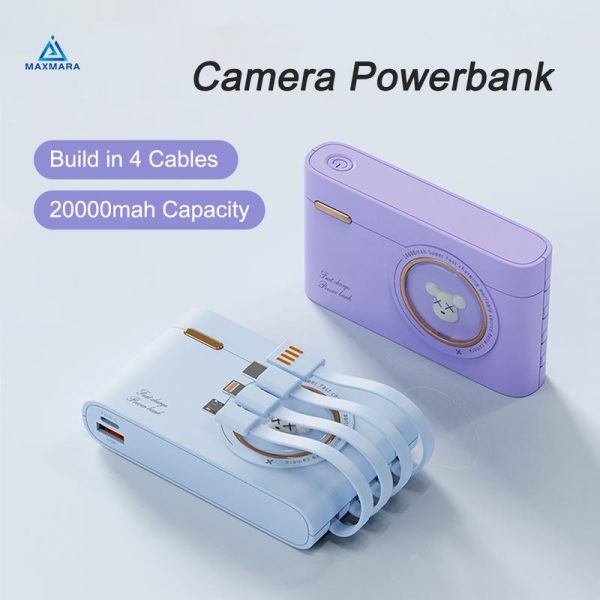 Yisen 20000mah Powerbank Camera Fashion Design With 4 Cables Mini Portable Cute Fast Charge Power Bank