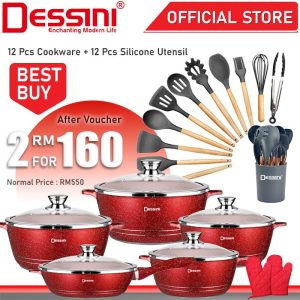 DESSINI ITALY 12 Pcs Casserole Pot Bowl Fry Pan Cookware + 12 Pcs Silicone Utensil Spatula Spoon Peralatan Masak Senduk