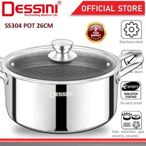 DESSINI ITALY 26CM Honeycomb SUS304 Stainless Steel Casserole Induction Non-stick Pot Bowl Pan Wok Cookware Kuali PERIUK
