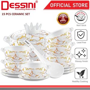 DESSINI ITALY 15 Pcs Ceramic Serving Bowl Salad Soup Cereal Pasta Casserole Non Stick Stock Pot Dinnerware PERIUK MANGKUK