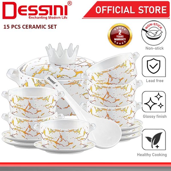 DESSINI ITALY 15 Pcs Ceramic Serving Bowl Salad Soup Cereal Pasta Casserole Non Stick Stock Pot Dinnerware PERIUK MANGKUK