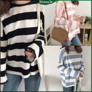 TS27 Rhinojr Korean Women Thick Striped Loose Shirt Casual Long Sleeve Round Neck T-Shirt