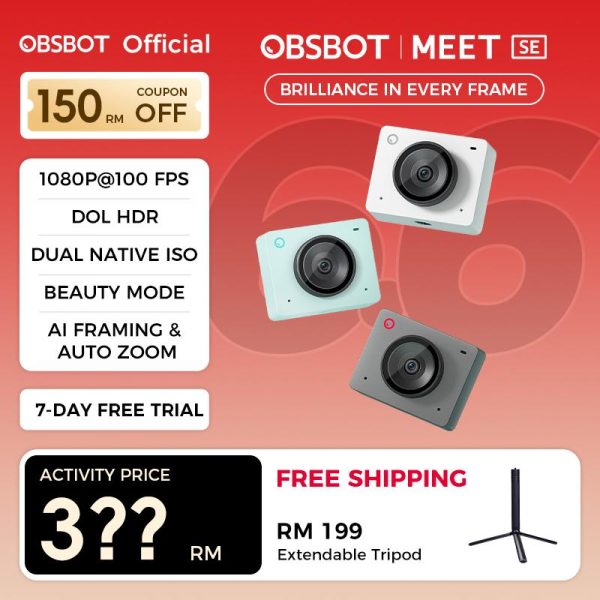 [HOT!!!]OBSBOT Meet SE 1080P@100 FPS Webcam for PC with 1/2.8" Sensor, AI Framing & Autofocus, Beauty Mode, Lightweight, Gesture Control, DOL HDR, Web Cam for Streaming, Meeting, Gaming.