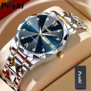 Jam Tangan Lelaki, POSHI, Kalis Air, Keluli Tahan Karat, dengan Kotak Hadiah, Kalendar, Gaya Perniagaan, Berkilau, Pergerakan Kuarza, Jam Tangan