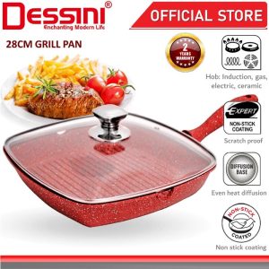 DESSINI ITALY 28CM Grill Frying Pan Die Cast Aluminium Induction Non Stick Pot Bowl Wok Cookware Tool with Cover PERIUK