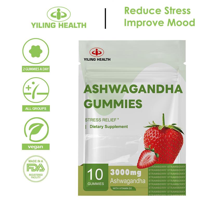 Ashwagandha Gummies, Yiling, Ekstrak Akar Ashwagandha, 3000 mg, dengan Vitamin D2, Untuk Lelaki dan Wanita, Perisa Strawberi, 10 Kiraan