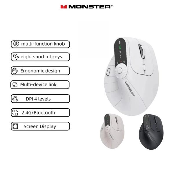 Tetikus Stereoskopik Menegak, MONSTER M2Ppro, Tetikus Bluetooth Tanpa Wayar Ergonomik, Butang Berbilang Fungsi, Penukaran Paparan Skrin Dua Mod, Sambungan 2.4G / 5.4 Bluetooth, Menyokong Pelbagai Peranti