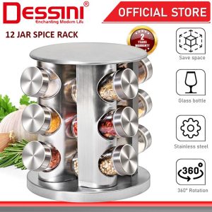 DESSINI ITALY 12 IN 1 Rotating Spiral Spice Tower Rack Glass Bottle Organiser Salt Storage Jar Condiment Canister