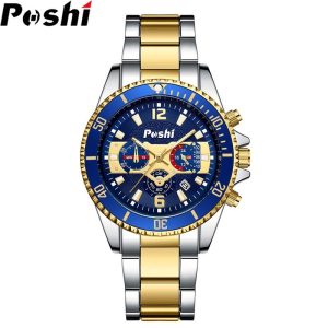 Jam Tangan Lelaki, POSHI, Keluli Tahan Karat, Gaya Perniagaan, Jam Tangan Kuarza Mekanikal Automatik, Pelbagai Fungsi, dengan Ciri Berkilau, Sesuai untuk Sukan, Kalis Air Watches
