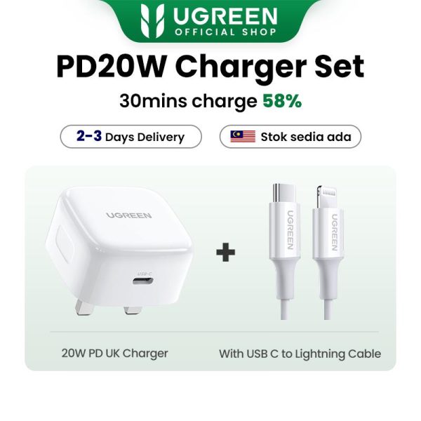 (W)UGREEN PD20W Fast Charger Pengecas Pantas, Palam UK, dengan Set Kabel, Serasi dengan iPhone 8-16 Siri, SKU: 70297