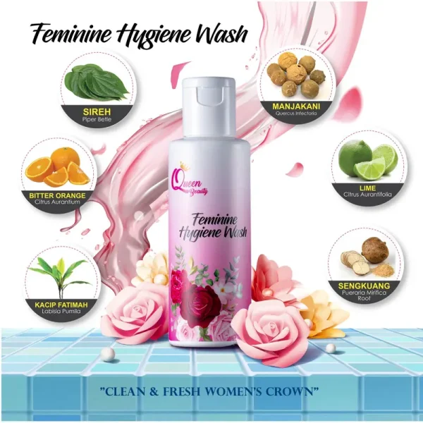 Queen Beauty Feminine Hygiene Wash Antibacterial 100ml sabun miss v, pencuci wanita viral, sabun miss viral, pencuci miss v, Manjakani Aloe