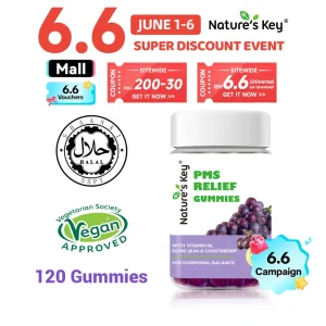 Nature's Key Gula-Gula PMS yang membantu mengurangkan perubahan mood dan sakit perut semasa haid, mengandungi Vitamin B6, 120 biji, membantu meningkatkan mood dan tenaga, perisa anggur multivitamin women