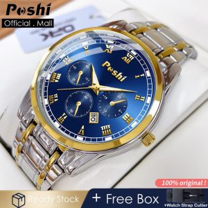Jam Tangan Lelaki, POSHI, Jam Tangan Kalis Air, Berkilau, Keluli Tahan Karat, Gaya Perniagaan, Jam Tangan Kuarza Lelaki Asli, Fesyen, Jam Tangan Lelaki