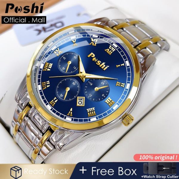 Jam Tangan Lelaki, POSHI, Jam Tangan Kalis Air, Berkilau, Keluli Tahan Karat, Gaya Perniagaan, Jam Tangan Kuarza Lelaki Asli, Fesyen, Jam Tangan Lelaki