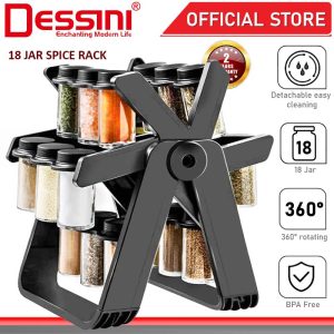 DESSINI ITALY 18 IN 1 Rotating Spice Tower Rack Glass Bottle Organiser Salt Storage Jar Condiment Canister Kitchen Tools