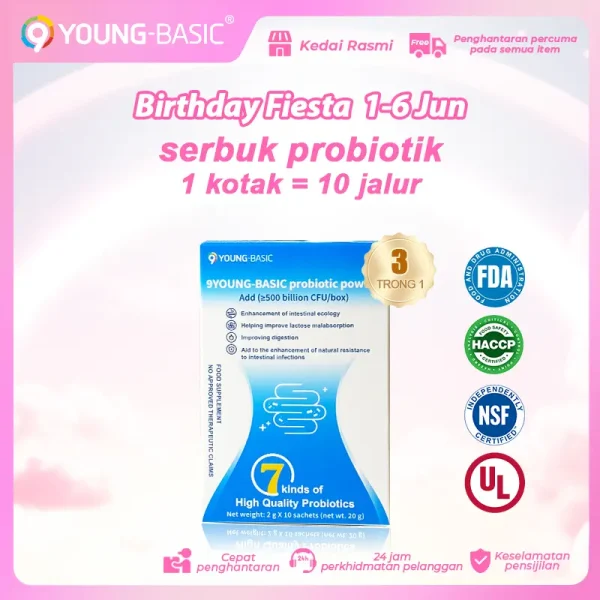 9YOUNG-BASIC FDA Serbuk Probiotik Yang Diperakui, Kotak Mengandungi: 2gX10 Paket, Ditambah 500 bilion CFU Probiotik | 7 Probiotik Berkualiti Tinggi Secara Sinergis | Serbuk kacang putih + L-arabinose | Mudah diserap | 0 Lemak