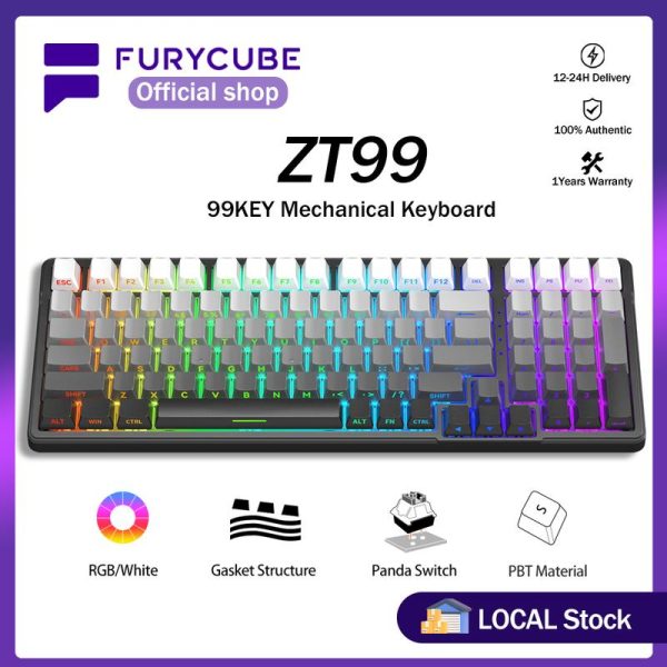 Papan Kekunci Mekanikal, FURYCUBE, ZT99, 99 Kekunci, Gasket, Tanpa Wayar / Berwayar, Bluetooth / 2.4G, Papan Kekunci Permainan Berukir Sisi, Kap Kekunci PBT Peredam Dua Lapisan Disesuaikan, Lampu Belakang RGB / Putih, Suis Noah Boleh Tukar Panas 3 / 5 Pin