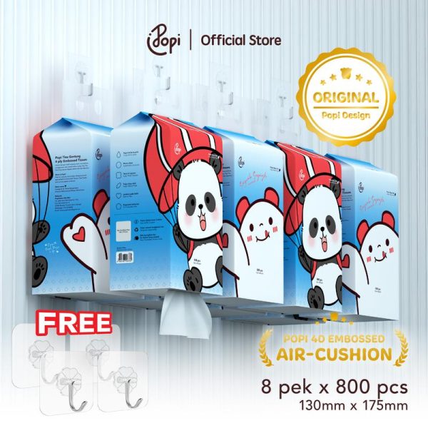 [8 pek TISU PANDA POPI] Popi Tisu Gantung Viral 4 Lapisan 800 Helai, Tisu Panda Air Cushion Tebal + FREE 2 HOOK + Kotak (130mm x 175mm)