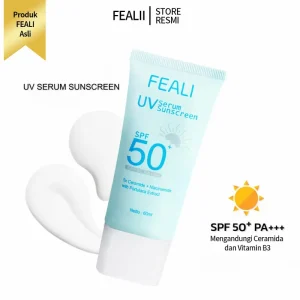 FEALI UV Serum Sunscreen SPF50+ PA++++ Krim pelindung matahari untuk wajah dengan tekstur serum, bebas pewangi dan alkohol. Produk penjagaan kulit untuk perlindungan maksimum.