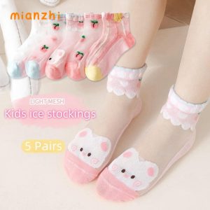 [MIANZHI] 5 Pairs Of Girls Mesh Socks Cute Anime Style For Kid Aged 3-12Y