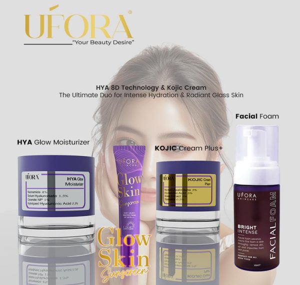 UFORA HYA Glow Moisturizer + KOJIC Cream Plus + Facial Foam + Sunscreen + FREE LIPTINT