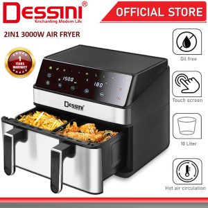 DESSINI ITALY 10L Electric Air Fryer Double Pot Basket Convection Oven Touch Control Toaster Timer Roaster Ketuhar