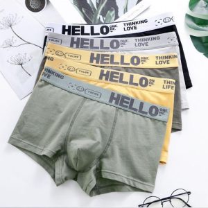 Seluar Boxer Sukan Lelaki, HELLO, Set 5 Warna, Lembut dan Selesa, Sesuai untuk Remaja, Seluar Dalam Lelaki, Seluar Boxer