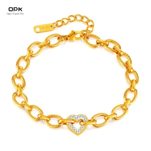 Gelang Tangan untuk Wanita, OPK, Gaya Komuter Fesyen Eropah dan Amerika, Keluli Tahan Karat, Elegan, Mewah, Bertatah Zirkon berbentuk hati, Diperbuat daripada Keluli Titanium, Barang Kemas