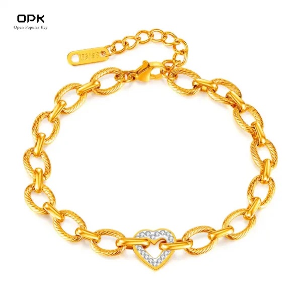 Gelang Tangan untuk Wanita, OPK, Gaya Komuter Fesyen Eropah dan Amerika, Keluli Tahan Karat, Elegan, Mewah, Bertatah Zirkon berbentuk hati, Diperbuat daripada Keluli Titanium, Barang Kemas