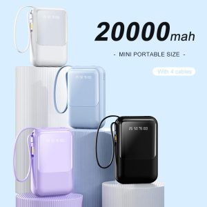 20000mAh Candy Powerbank Built in 4 Cables Fast Charging Digital LED Display Portable Power Bank for Phone White Mobile