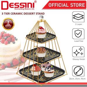 DESSINI ITALY 3 Tier Ceramic Dessert Stand Tower Cake Display Rack Snack Platter Fruit Bowl Party Serving Tray Plate